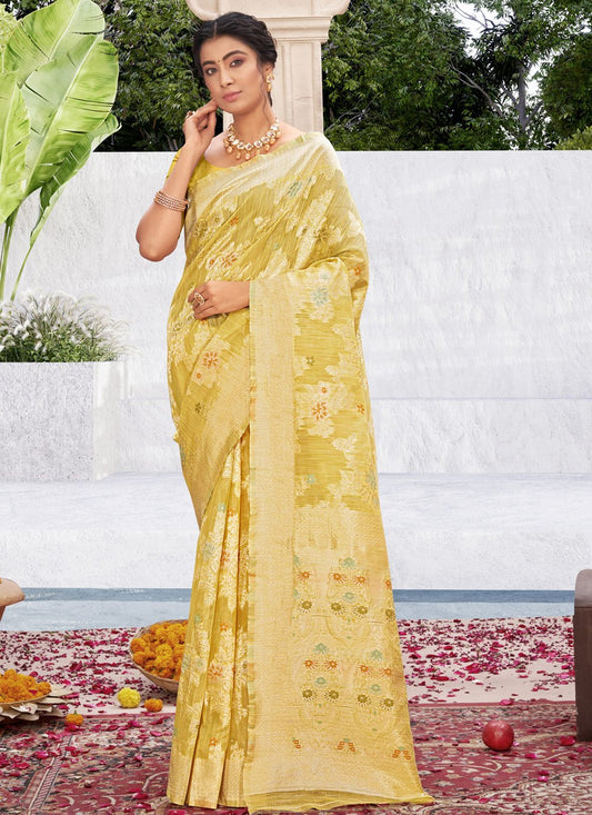 Trendy Saree Cotton Silk Yellow Weaving Saree