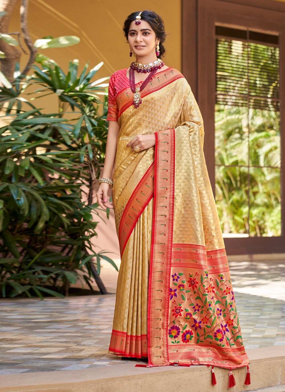 Designer Silk Cream Weaving Saree