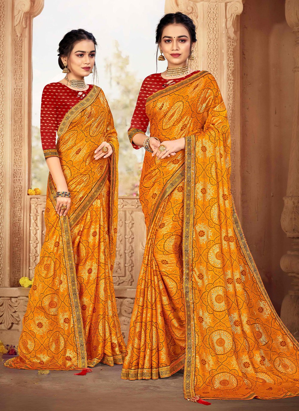 Designer Chiffon Orange Weaving Saree