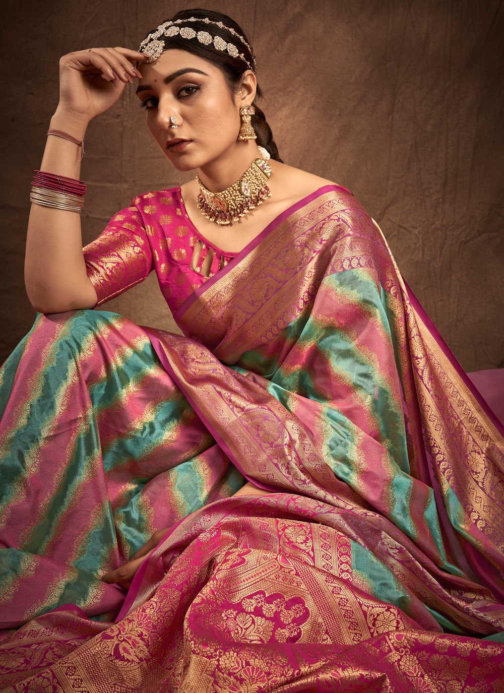 Traditional Saree Silk Firozi Pink Weaving Saree