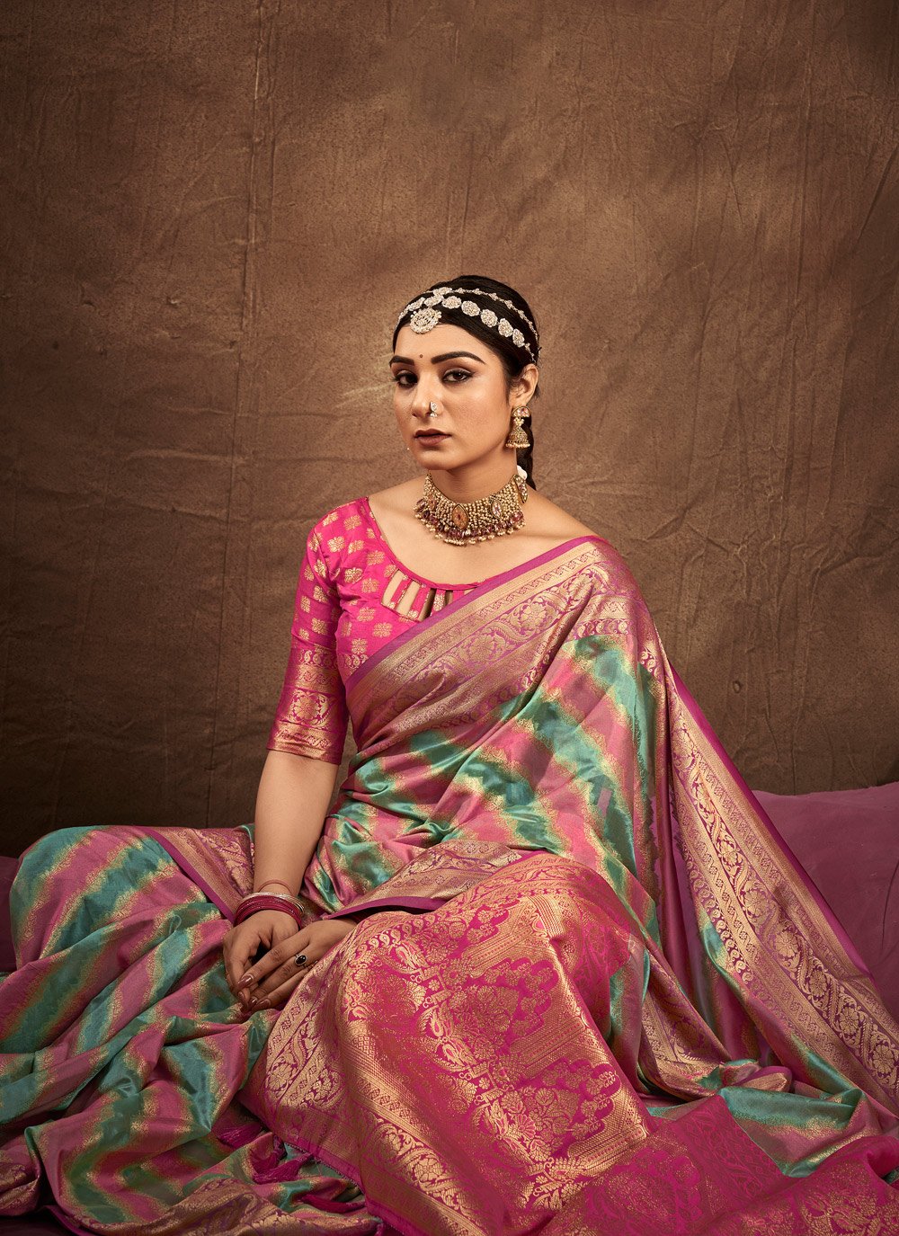 Traditional Saree Silk Firozi Pink Weaving Saree