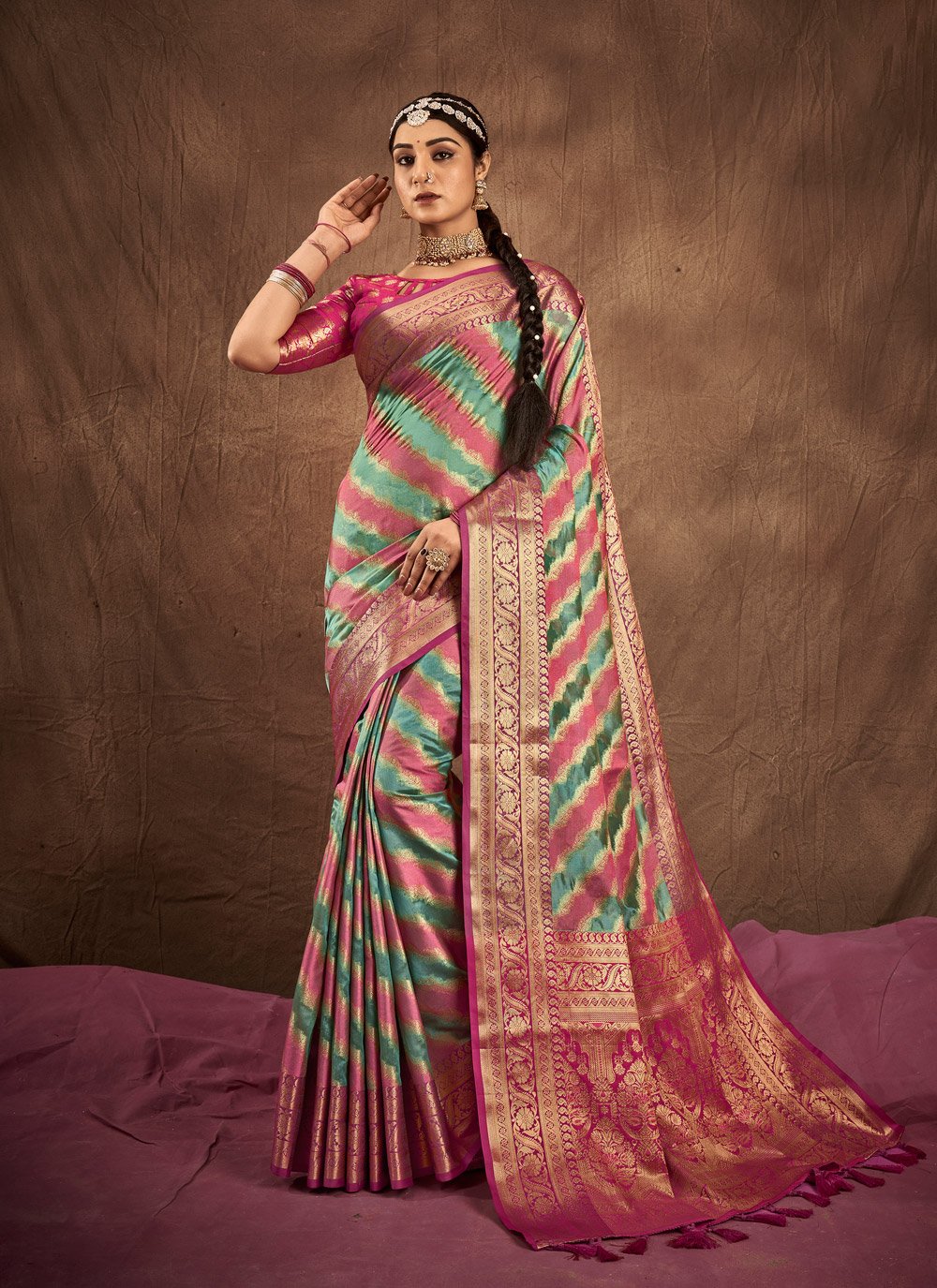 Traditional Saree Silk Firozi Pink Weaving Saree