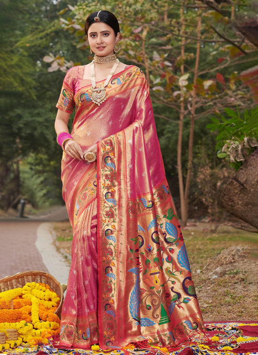 Traditional Saree Silk Hot Pink Weaving Saree