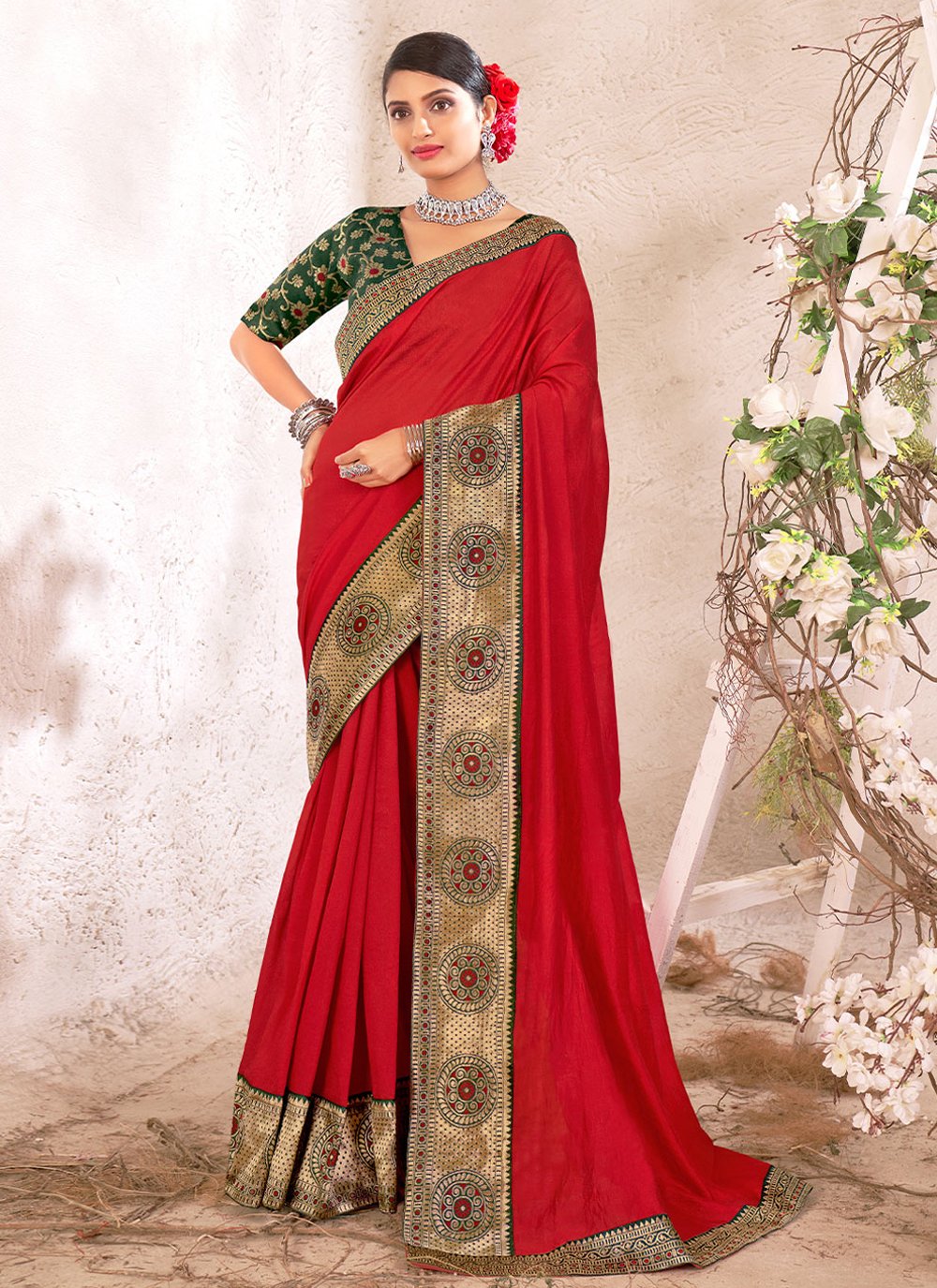 Contemporary Vichitra Silk Red Jacquard Work Saree