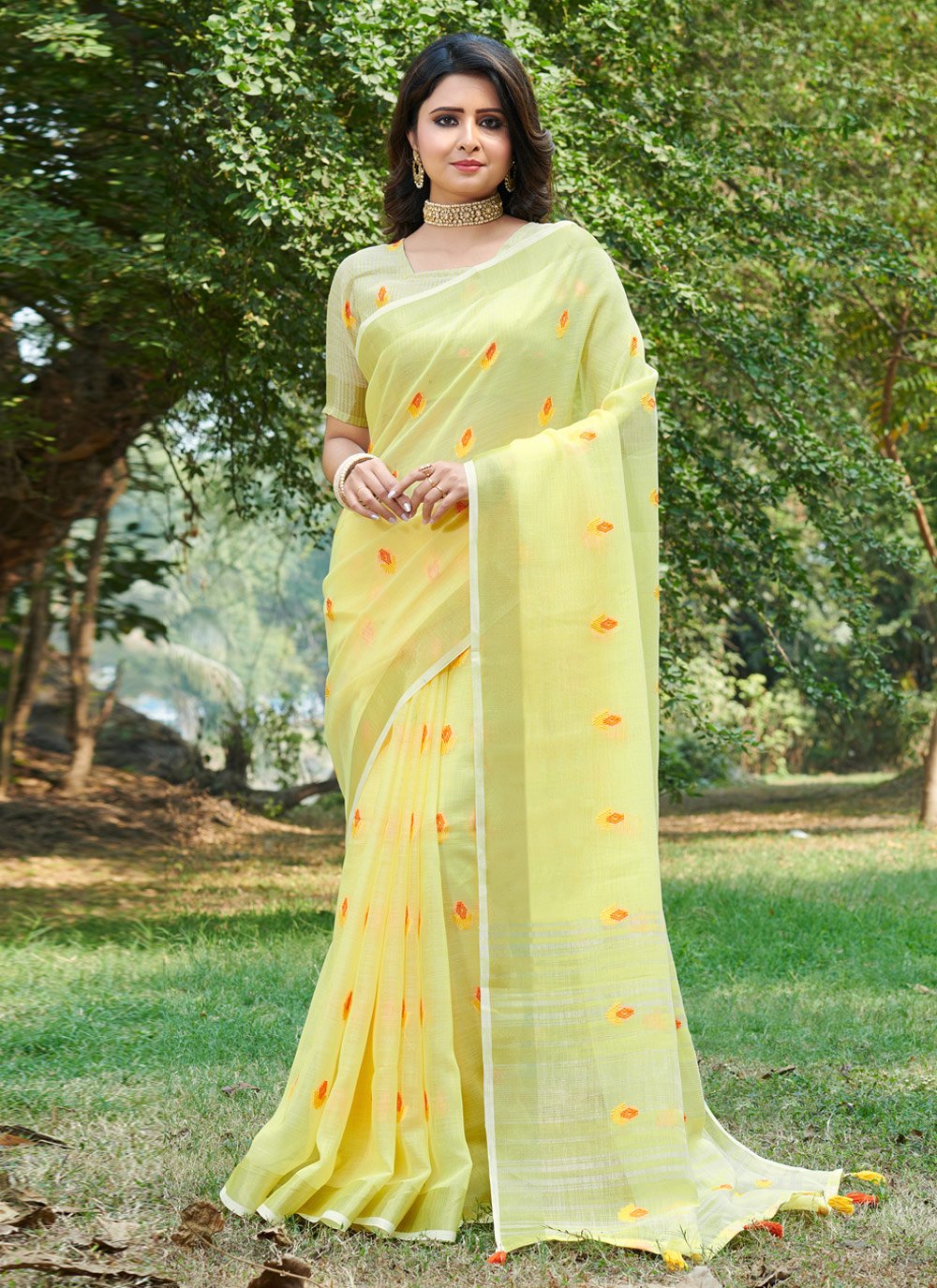 Casual Linen Yellow Weaving Saree