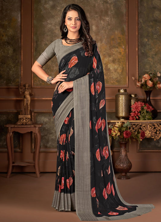 Designer Georgette Black Print Saree