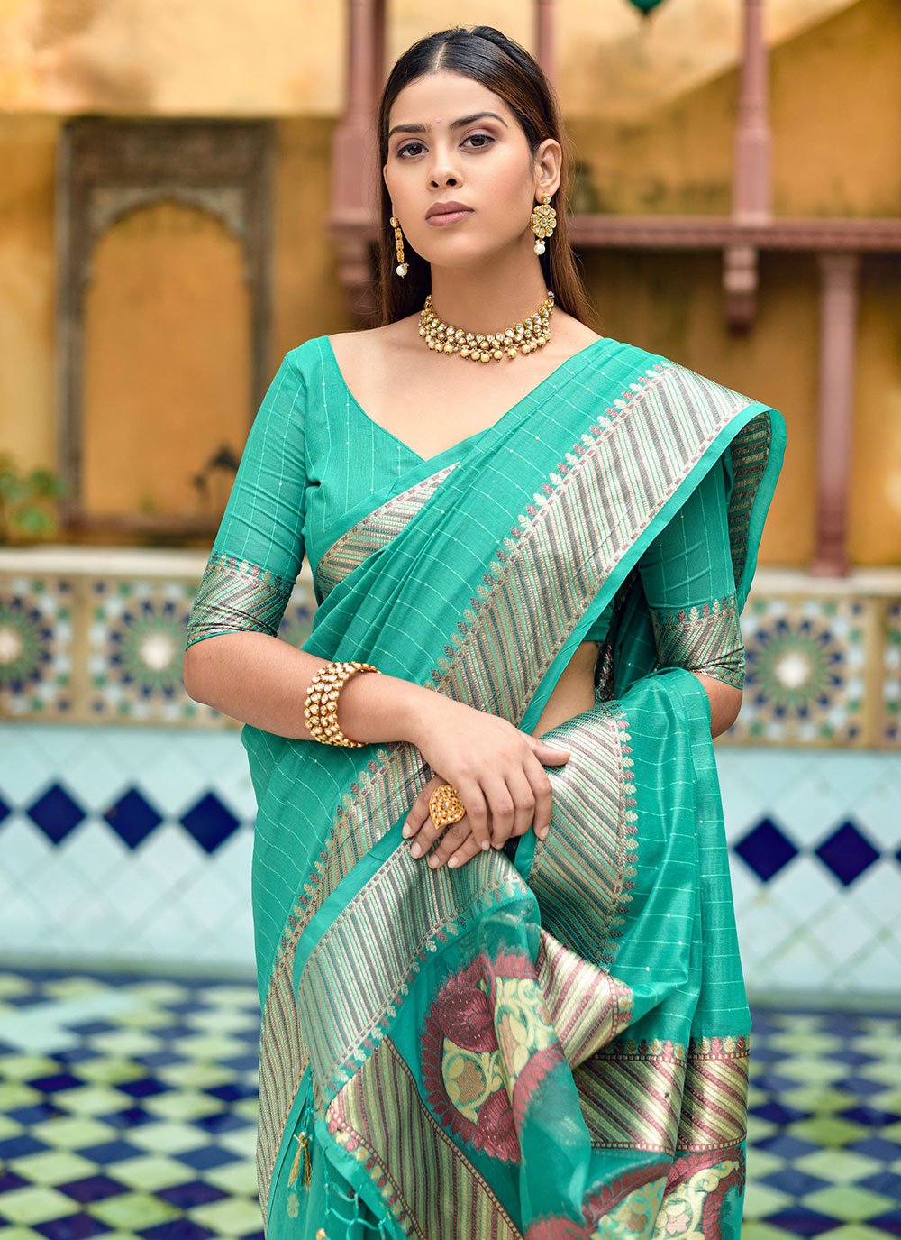 Classic Cotton Silk Sea Green Weaving Saree