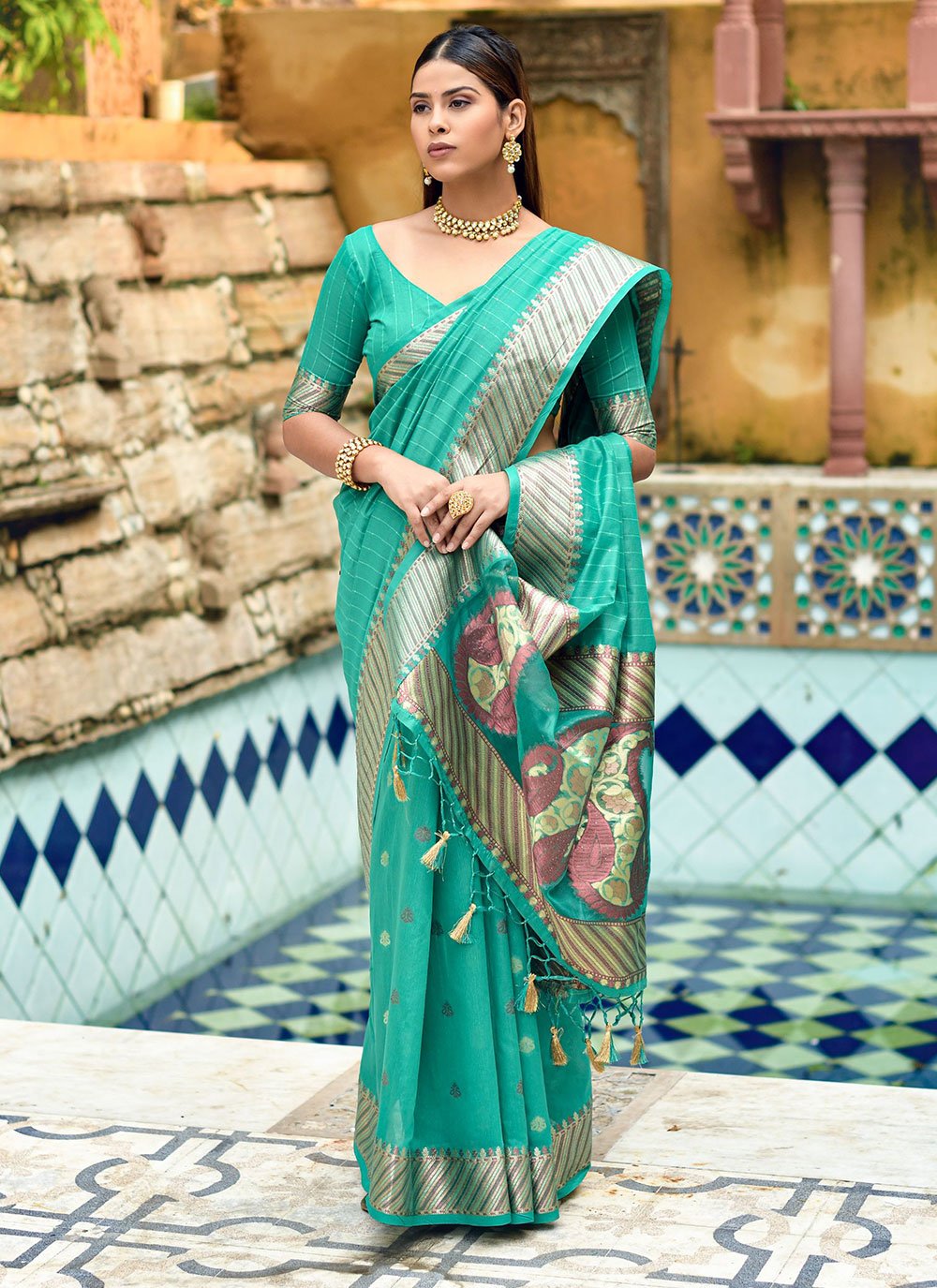 Classic Cotton Silk Sea Green Weaving Saree