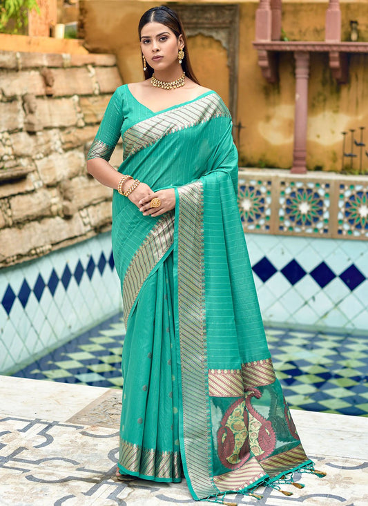 Classic Cotton Silk Sea Green Weaving Saree