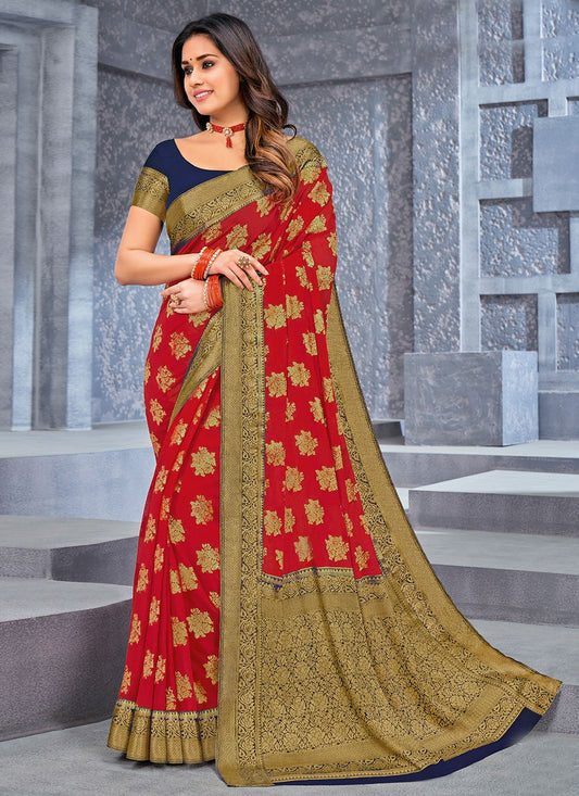 Classic Chiffon Viscose Red Weaving Saree