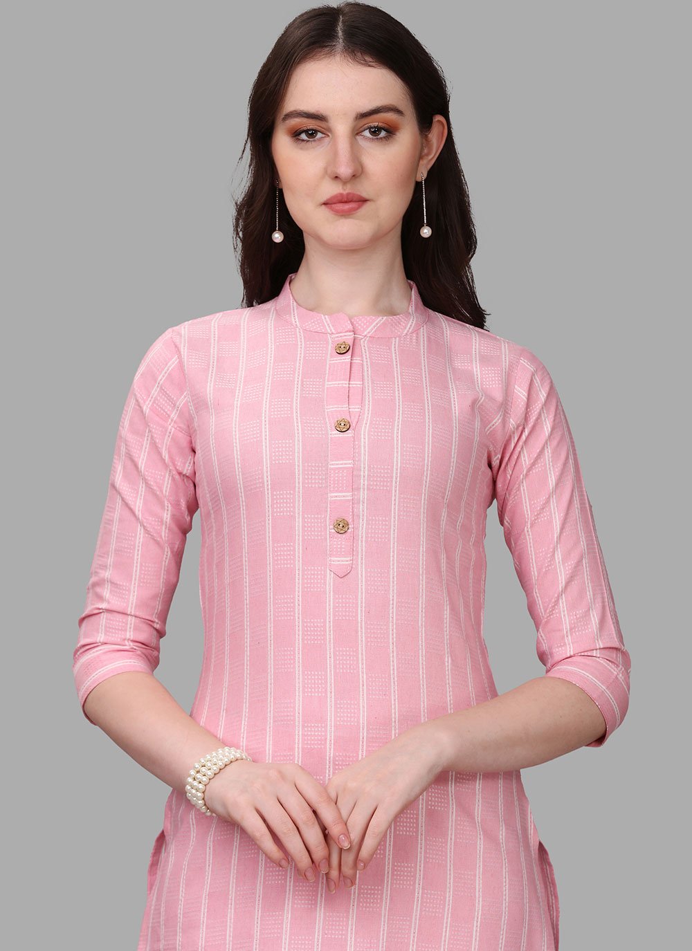 Designer Kurti Cotton Pink Weaving Kurtis