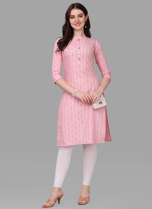 Designer Kurti Cotton Pink Weaving Kurtis