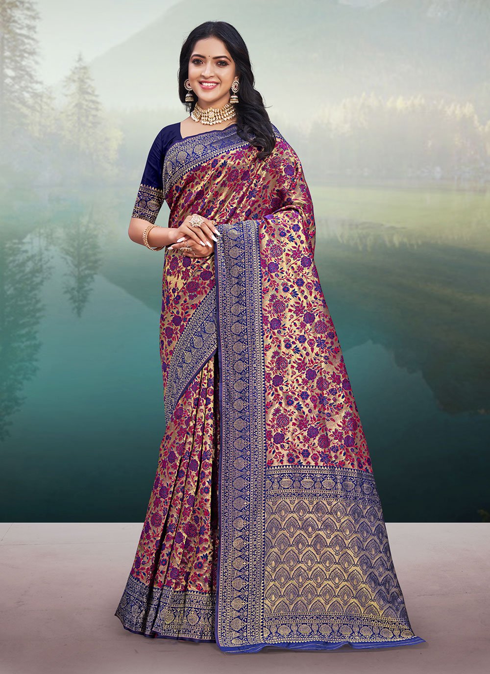 Traditional Saree Banarasi Silk Cream Purple Weaving Saree