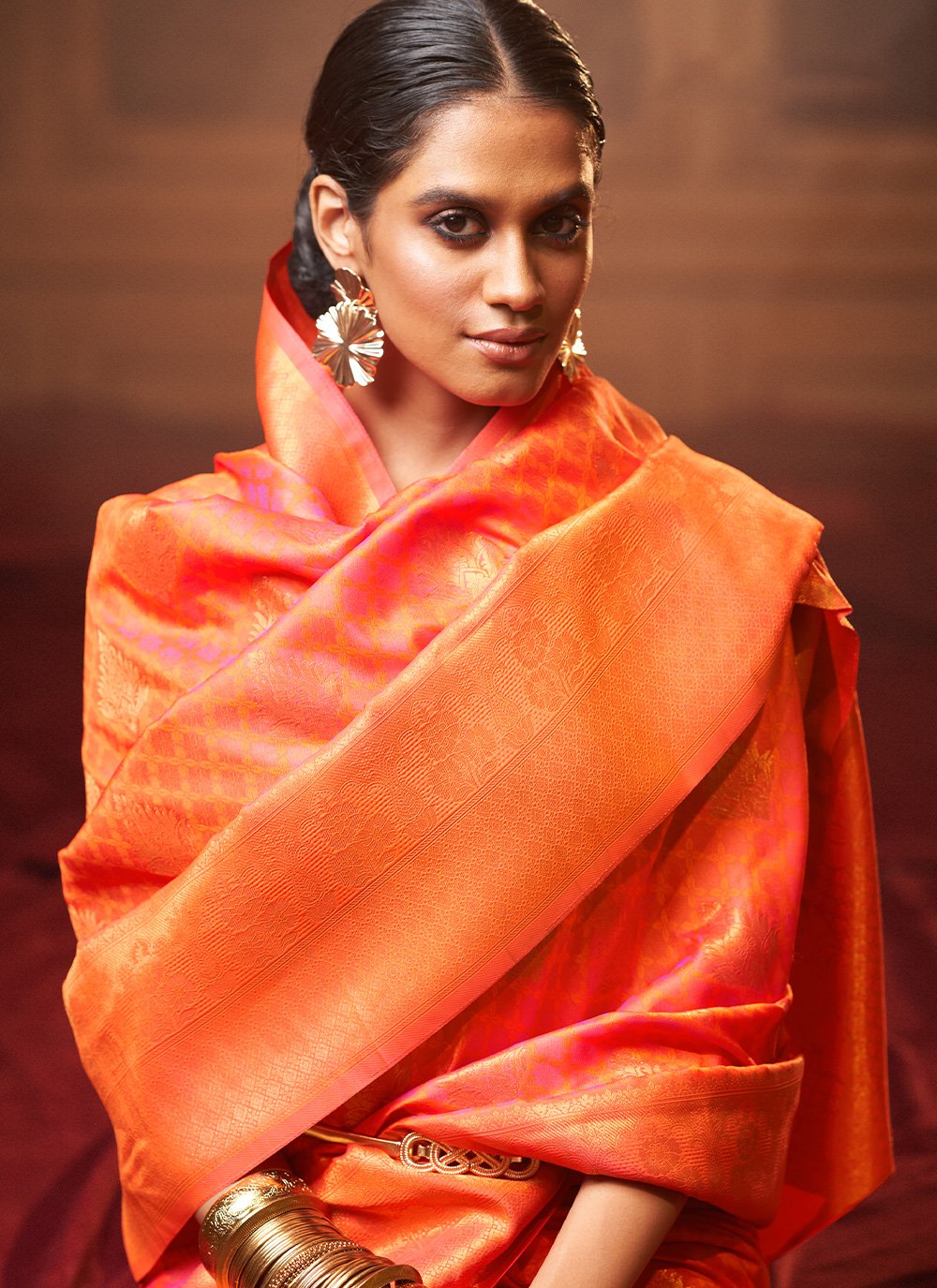 Trendy Saree Handloom Silk Orange Weaving Saree