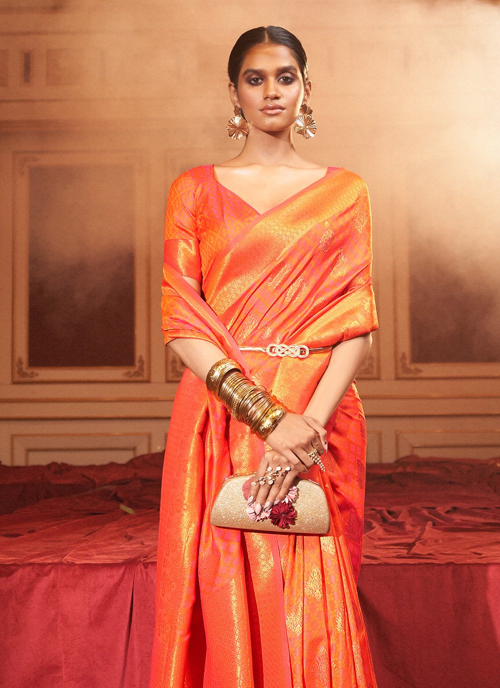 Trendy Saree Handloom Silk Orange Weaving Saree