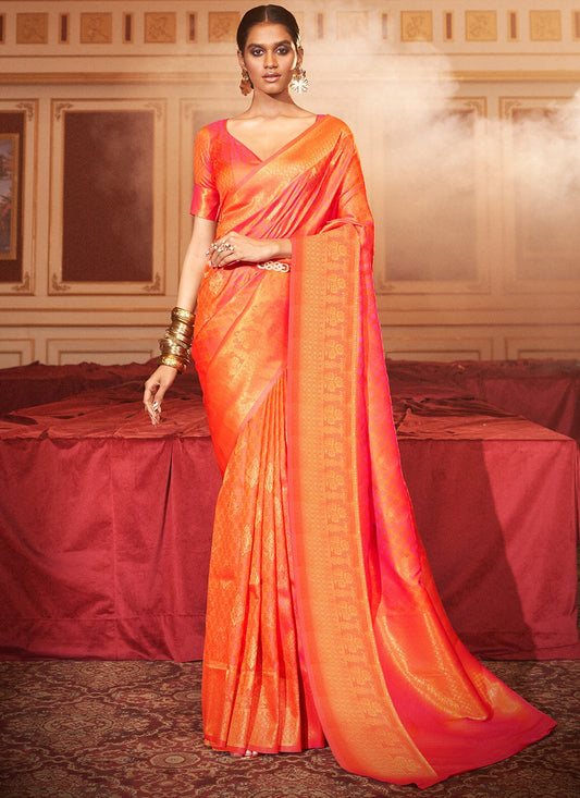 Trendy Saree Handloom Silk Orange Weaving Saree