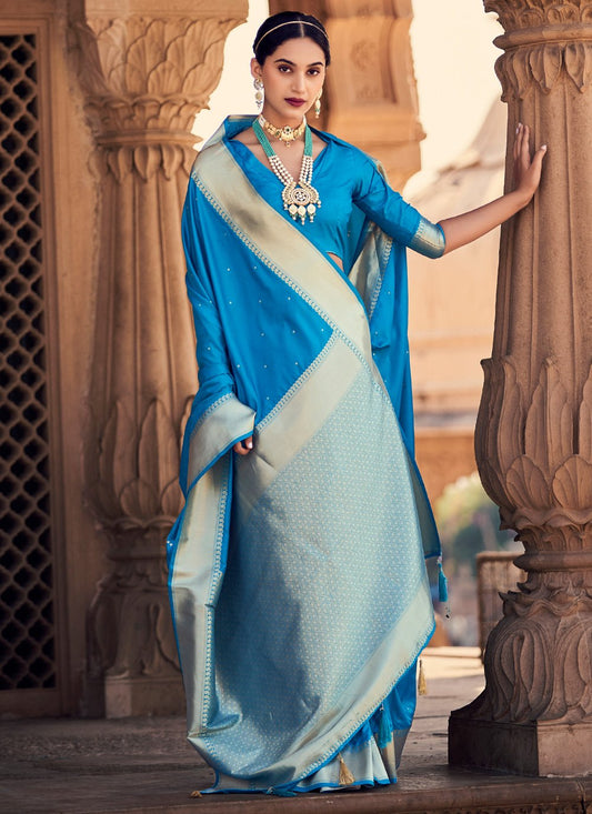 Classic Banarasi Silk Satin Silk Firozi Weaving Saree