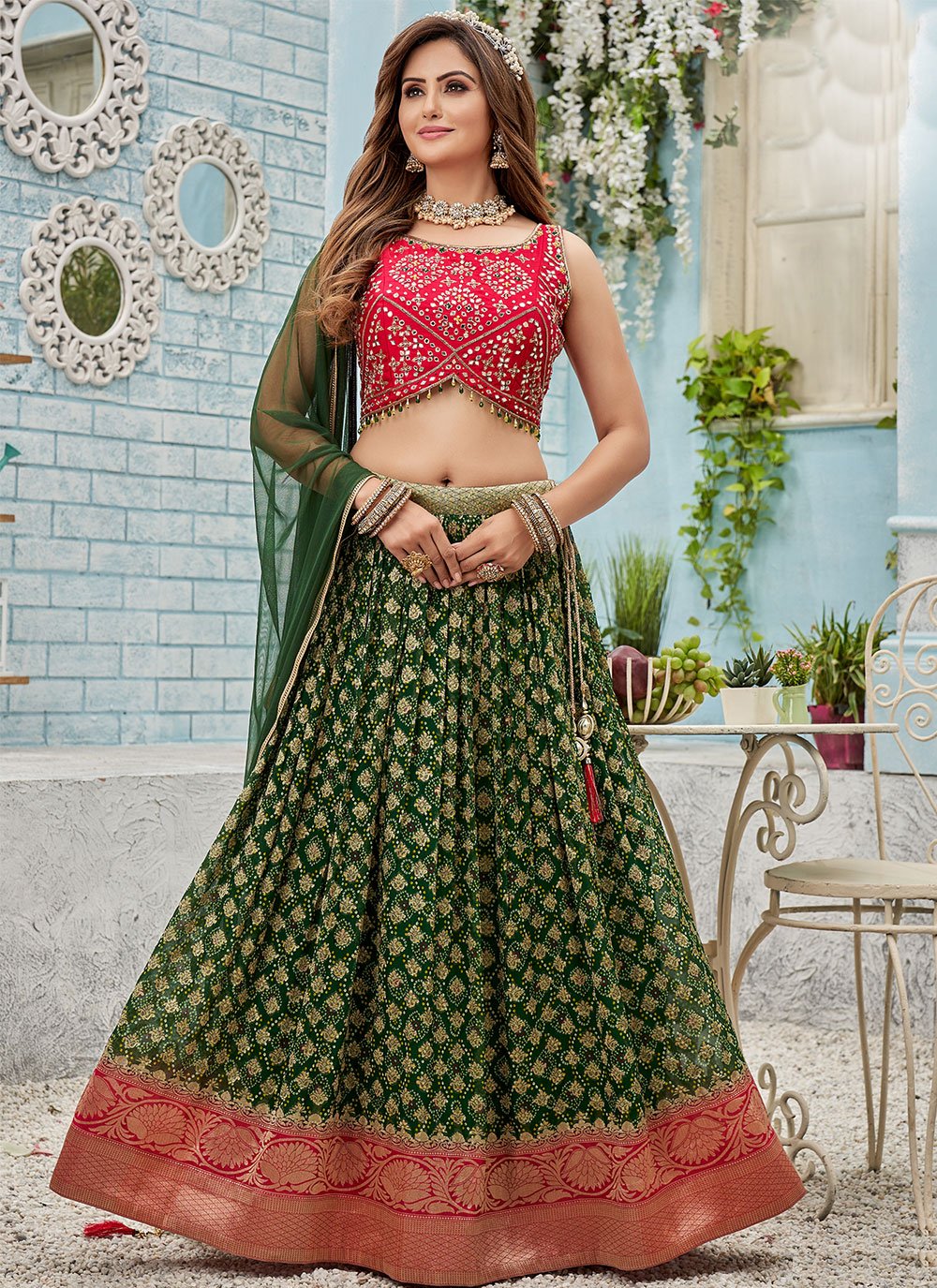 Lehenga Choli Georgette Green Print Lehenga Choli