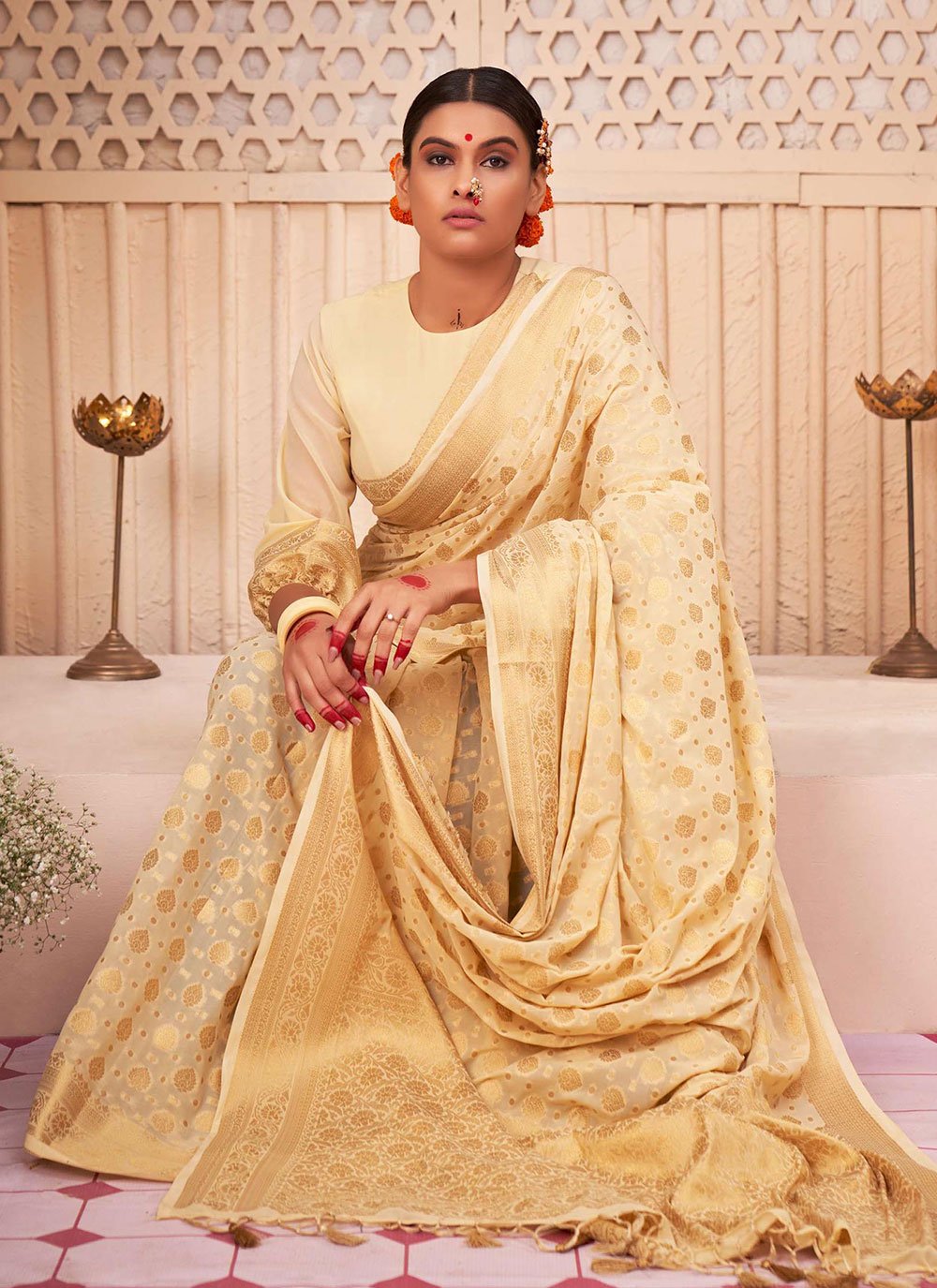 Classic Georgette Off White Weaving Saree