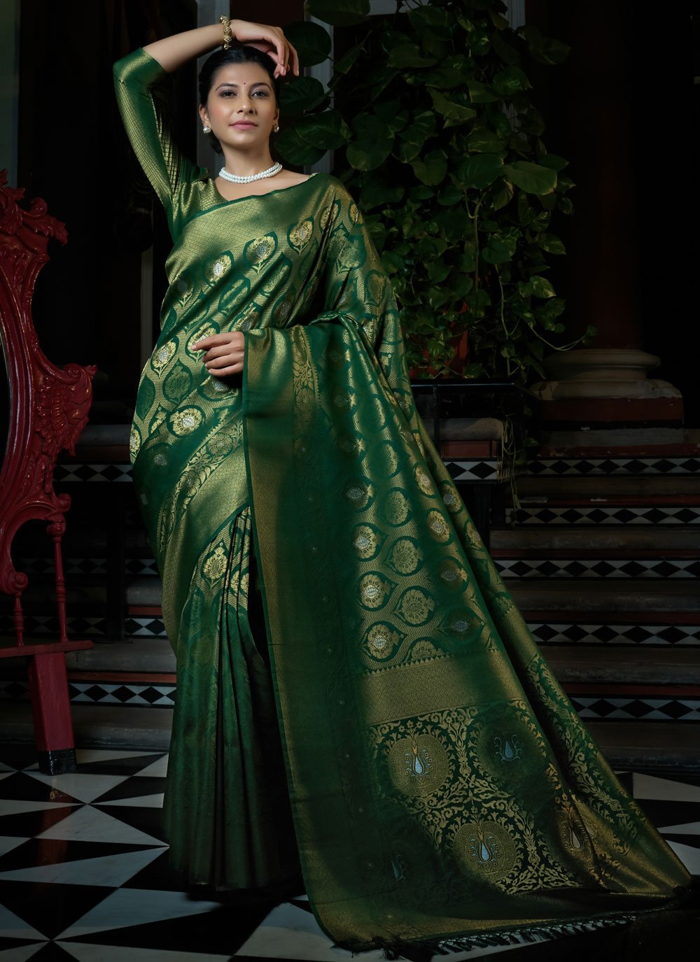 Designer Kanjivaram Silk Gold Green Weaving Saree