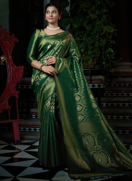 Designer Kanjivaram Silk Gold Green Weaving Saree