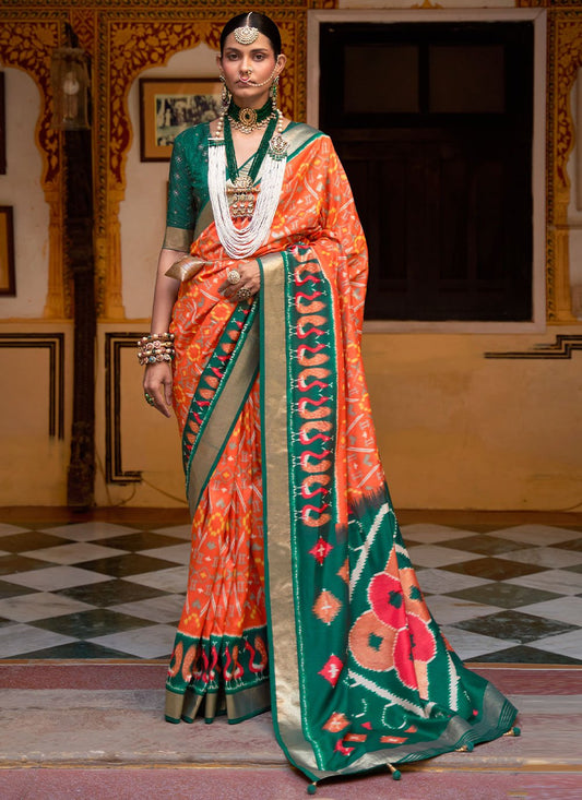 Contemporary Patola Silk Green Orange Weaving Saree