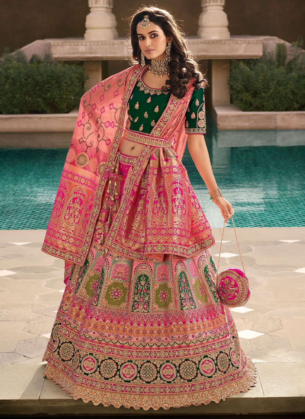 A Line Lehenga Banarasi Silk Green Pink Embroidered Lehenga Choli