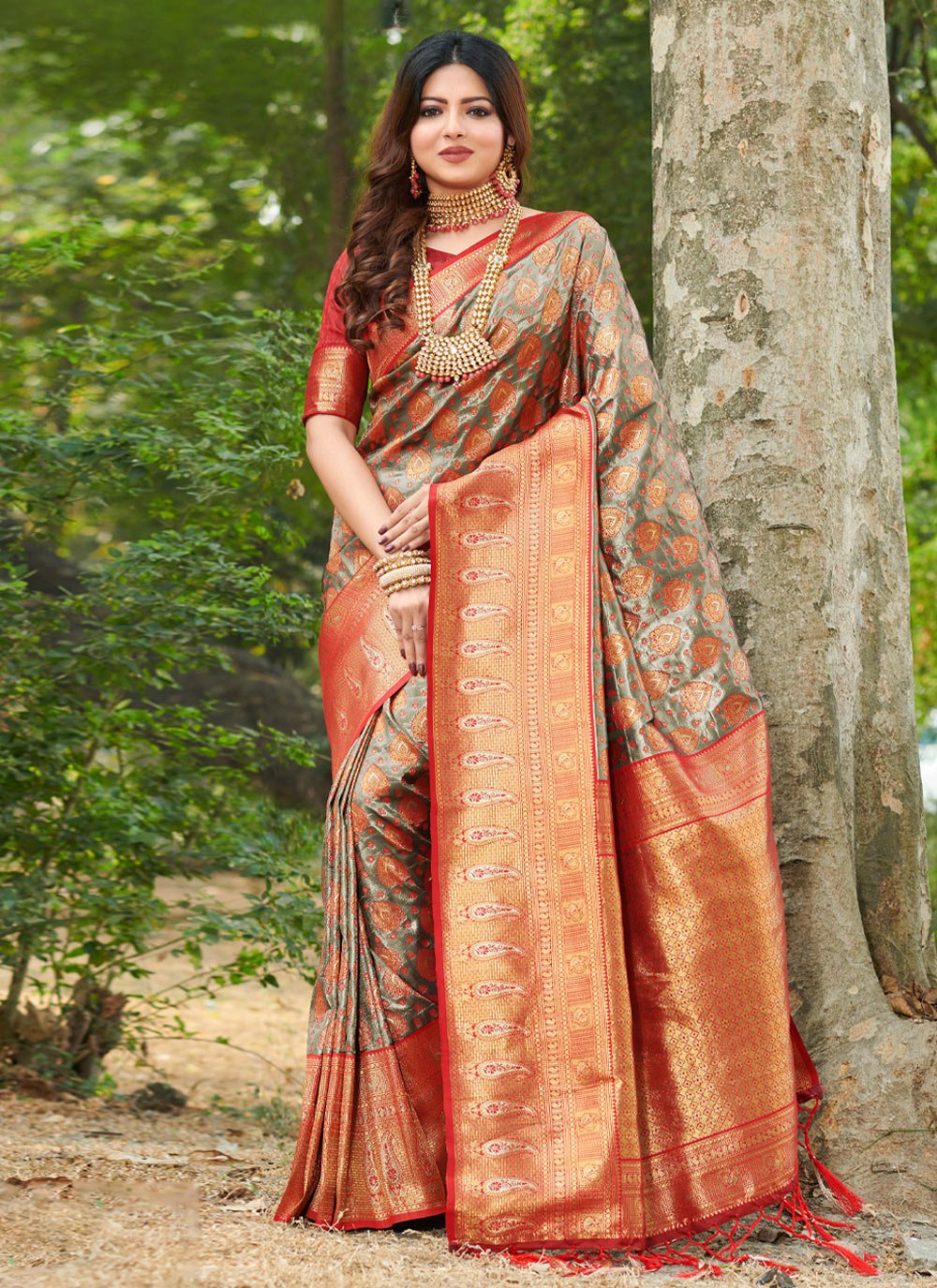 Traditional Saree Banarasi Silk Green Red Weaving Saree