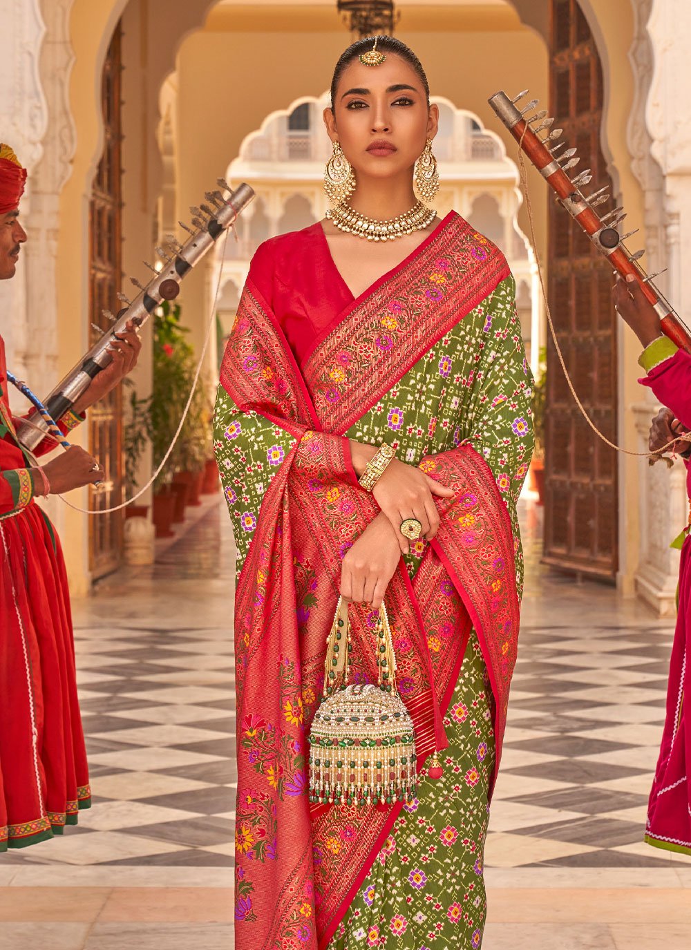 Classic Silk Green Red Patch Border Saree