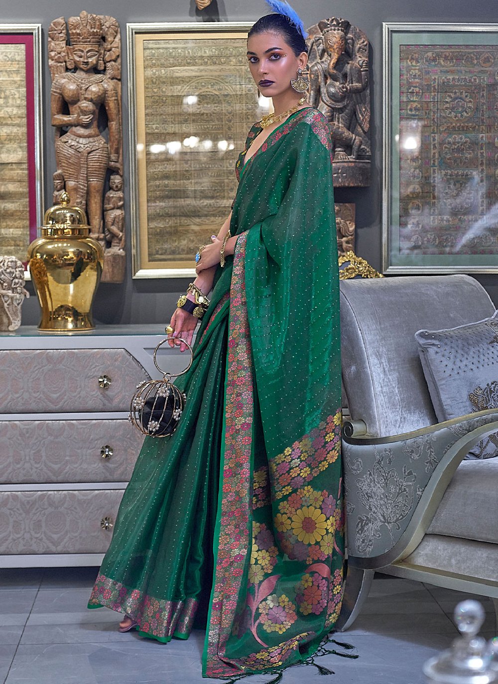 Contemporary Organza Green Weaving Saree