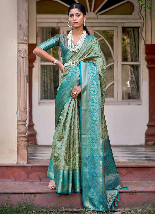 Contemporary Silk Tissue Green Weaving Saree