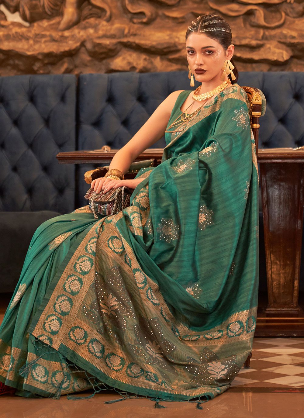 Contemporary Handloom Silk Tussar Silk Green Sequins Saree