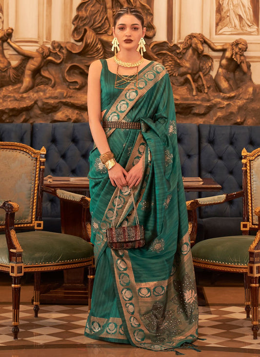 Contemporary Handloom Silk Tussar Silk Green Sequins Saree