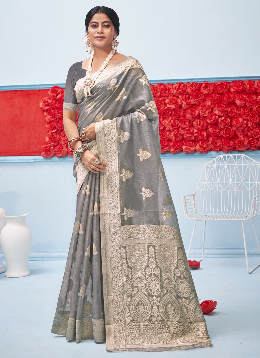 Traditional Saree Cotton Grey Weaving Saree