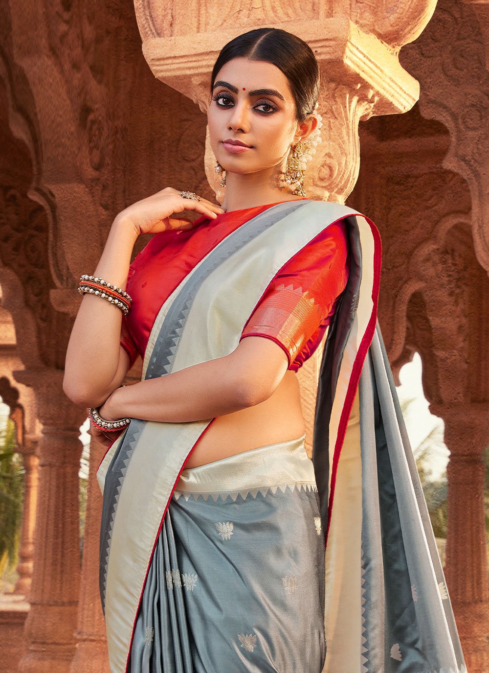 Classic Satin Silk Grey Weaving Saree