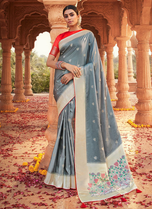 Classic Satin Silk Grey Weaving Saree