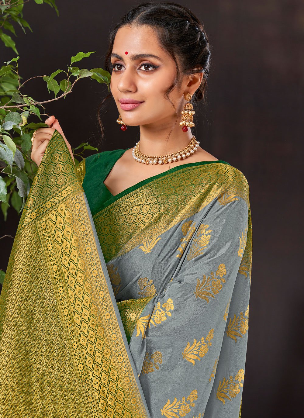 Contemporary Chiffon Viscose Grey Weaving Saree