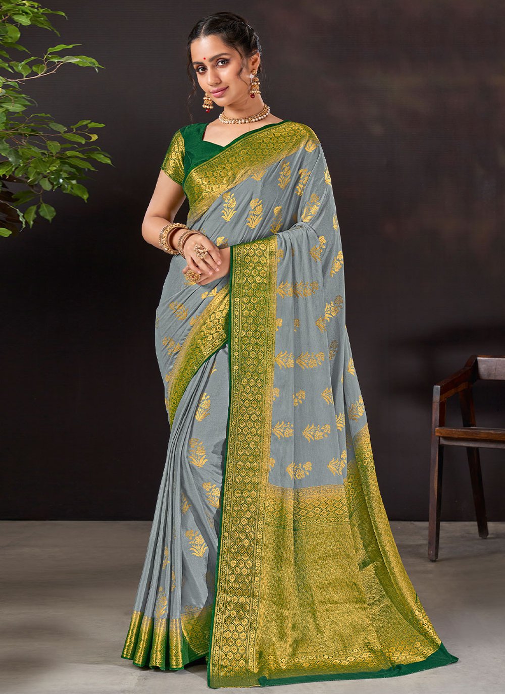 Contemporary Chiffon Viscose Grey Weaving Saree