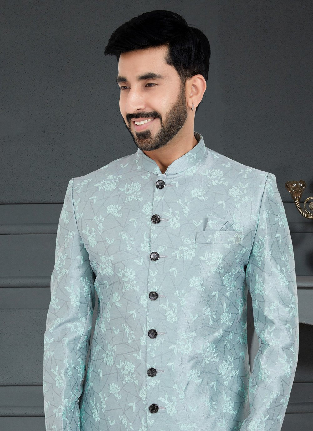 Indo Western Jacquard Aqua Blue Weaving Mens