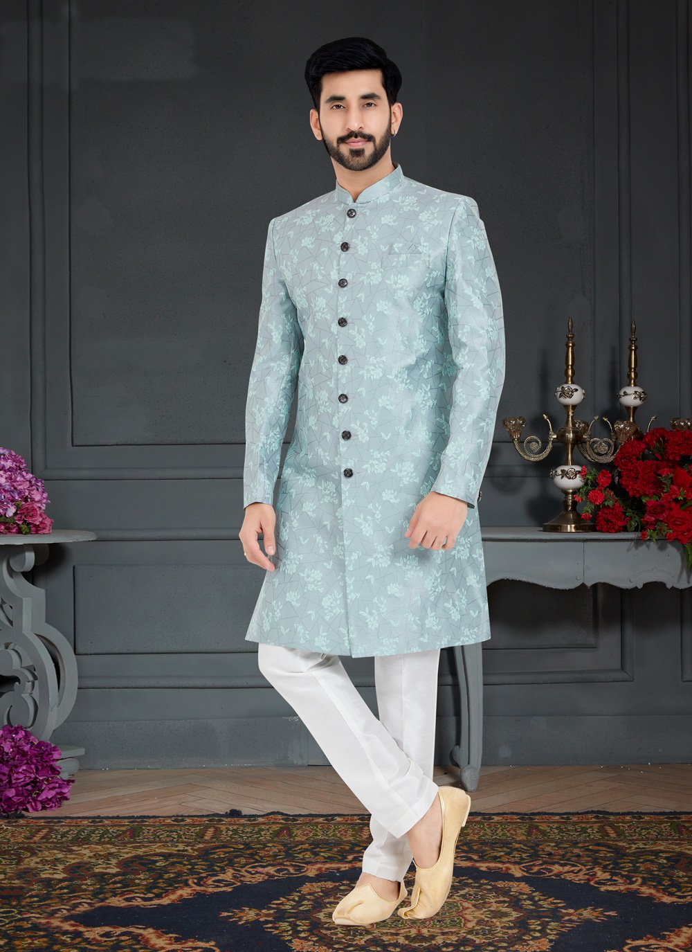 Indo Western Jacquard Aqua Blue Weaving Mens