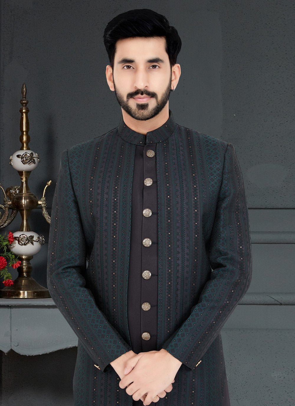 Indo Western Jacquard Black Rama Weaving Mens