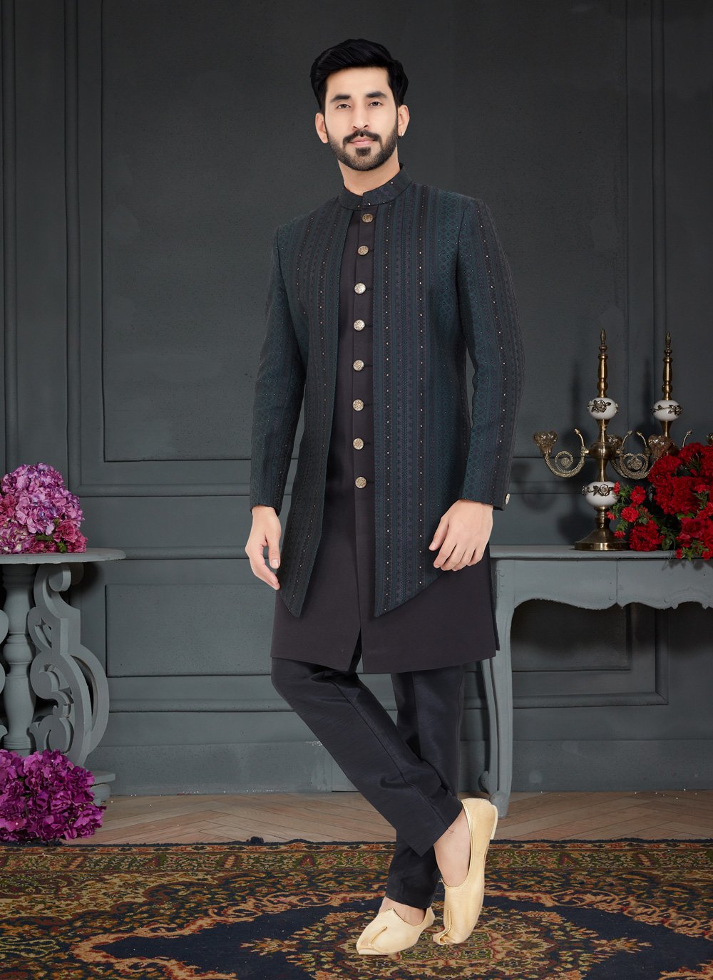 Indo Western Jacquard Black Rama Weaving Mens