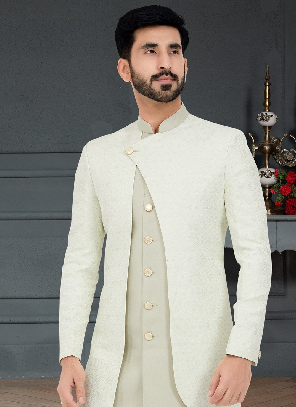 Indo Western Jacquard Grey Off White Weaving Mens