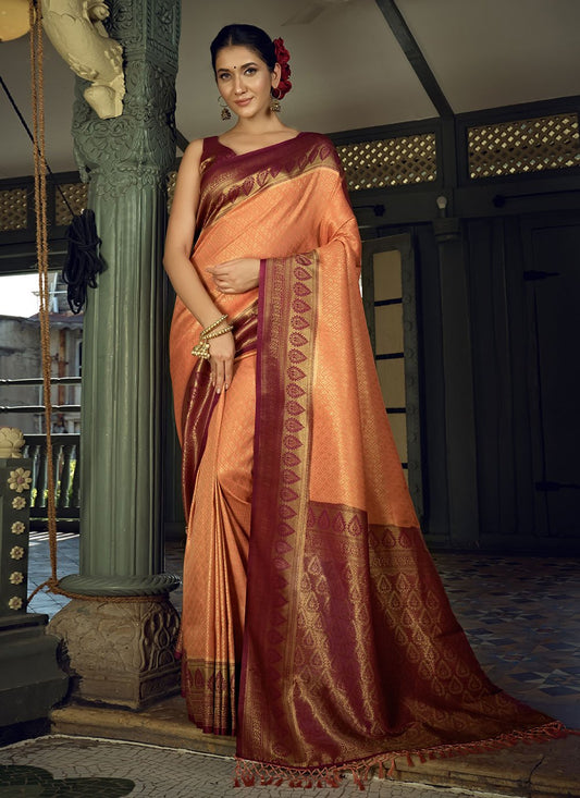 Trendy Saree Kanjivaram Silk Peach Weaving Saree