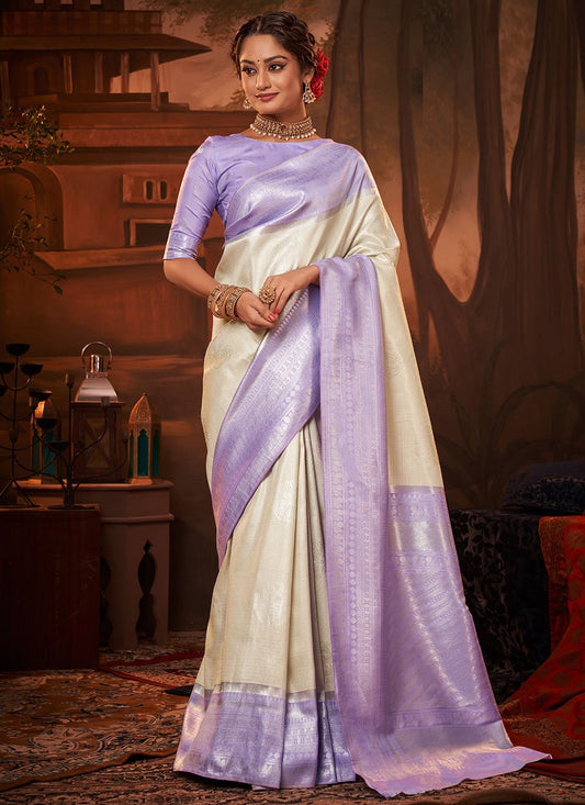 Classic Kanchipuram Silk Lavender Off White Weaving Saree