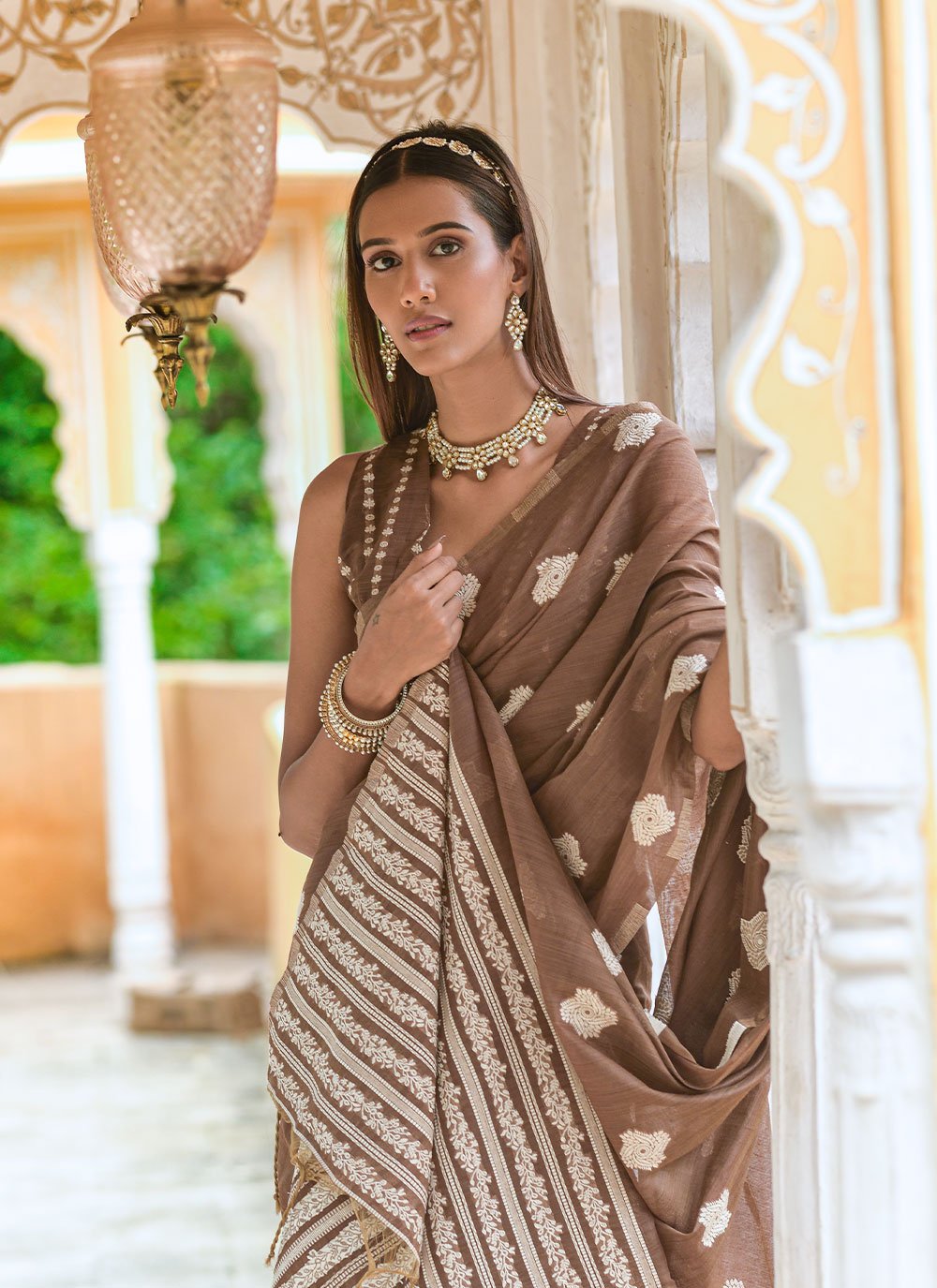 Classic Cotton Lucknowi Brown Weaving Saree