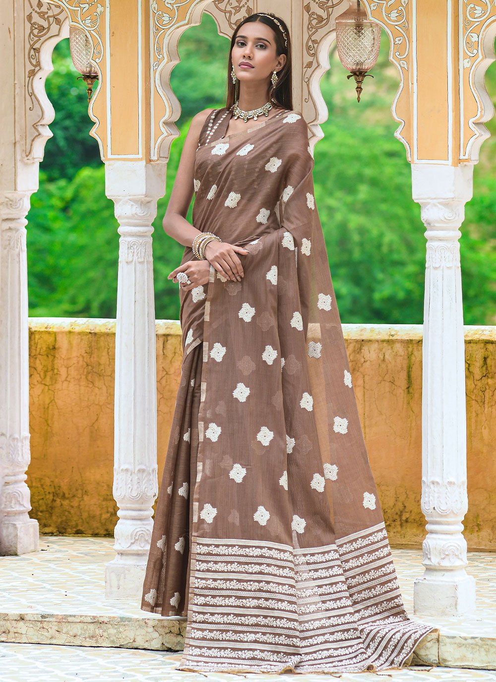 Classic Cotton Lucknowi Brown Weaving Saree