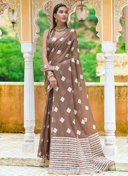 Classic Cotton Lucknowi Brown Weaving Saree