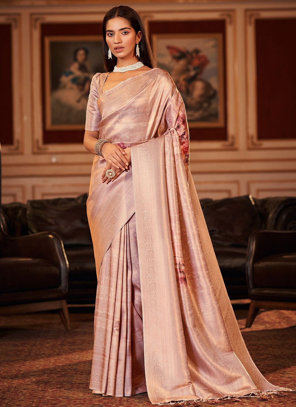 Classic Jacquard Mauve Digital Print Saree