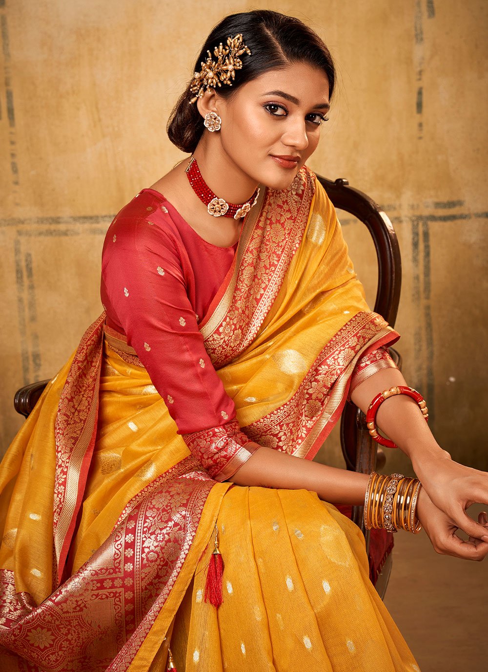 Classic Banarasi Silk Tissue Mustard Patch Border Saree